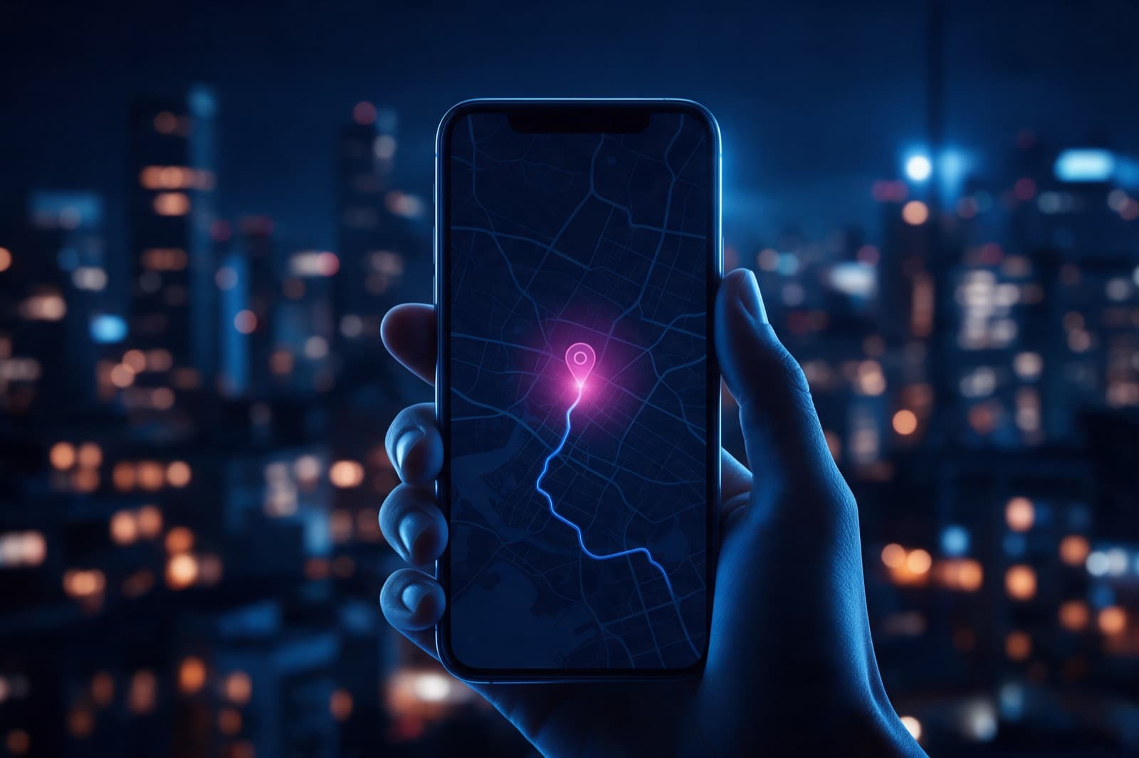 Phone showing a map with a glowing location pin above a city at night