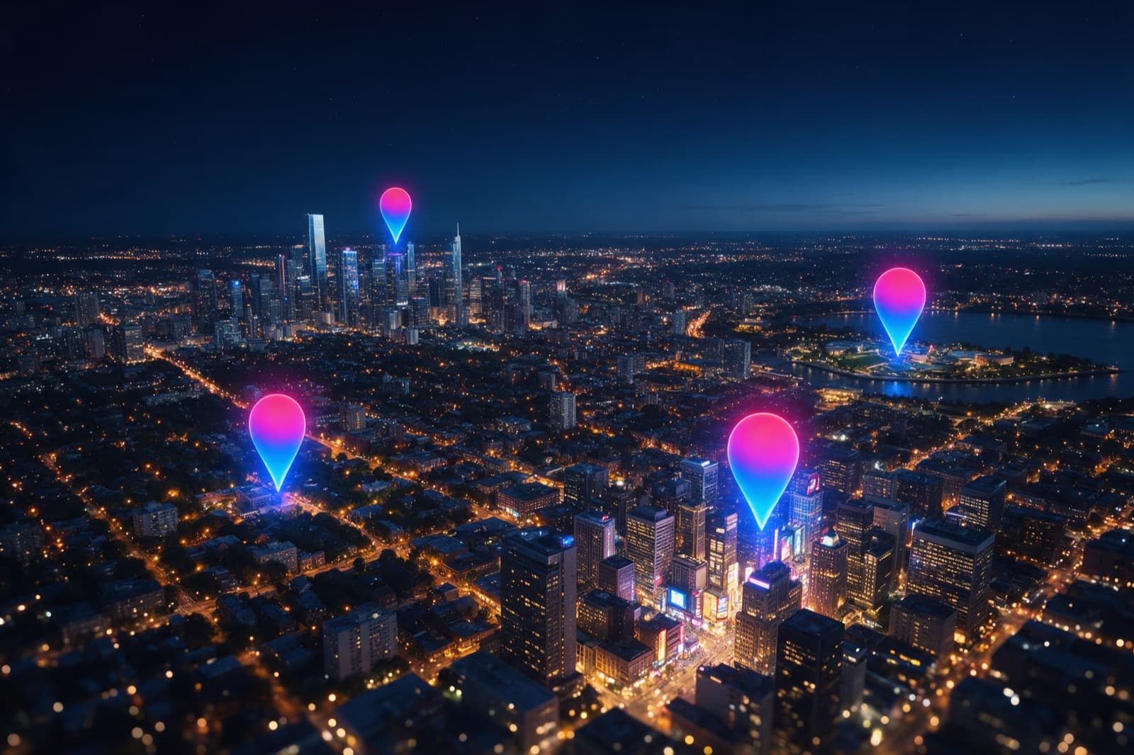 Aerial night view of a city with glowing location pins over several areas