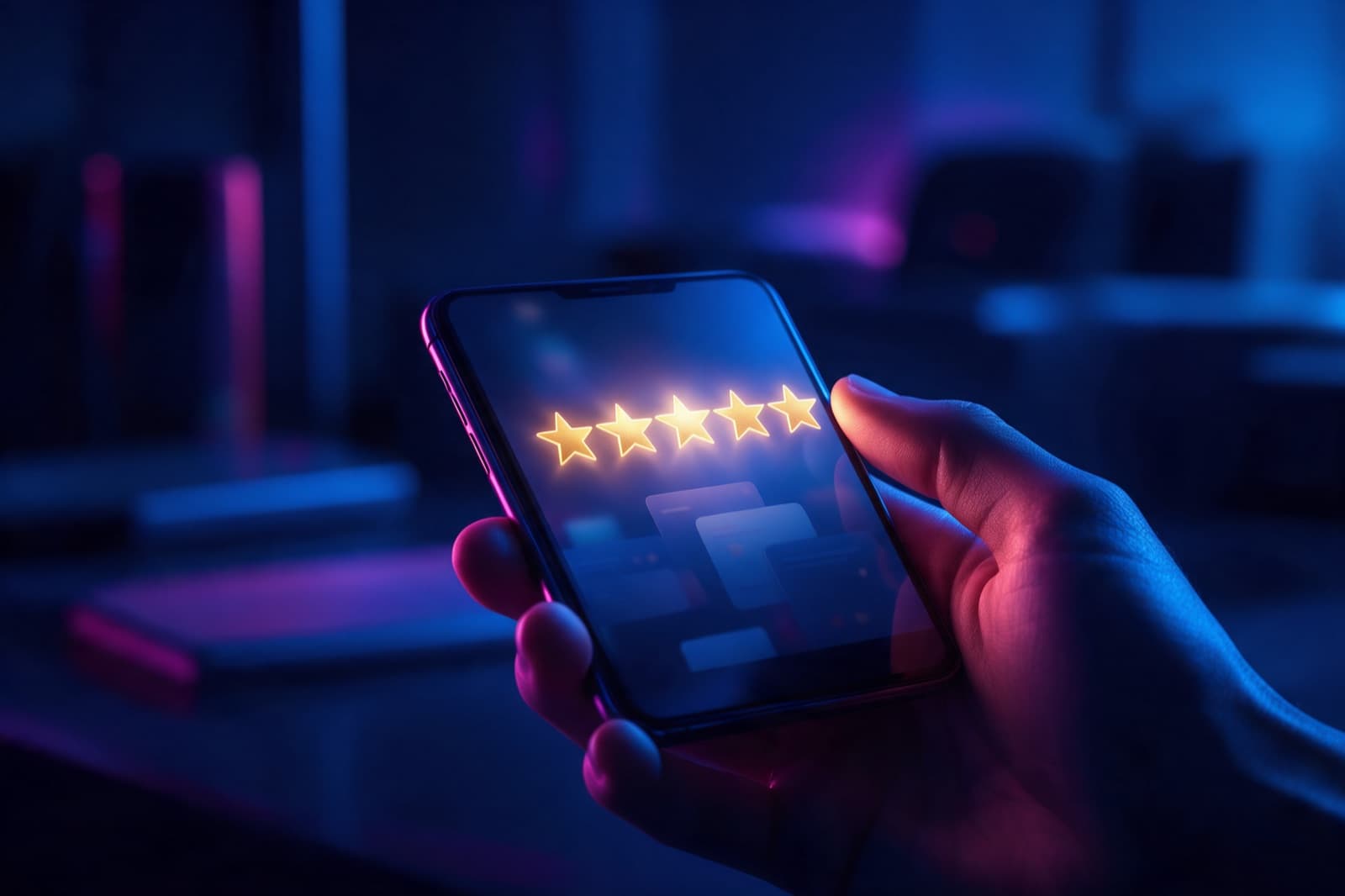 Hand holding a phone with a glowing five-star review rating