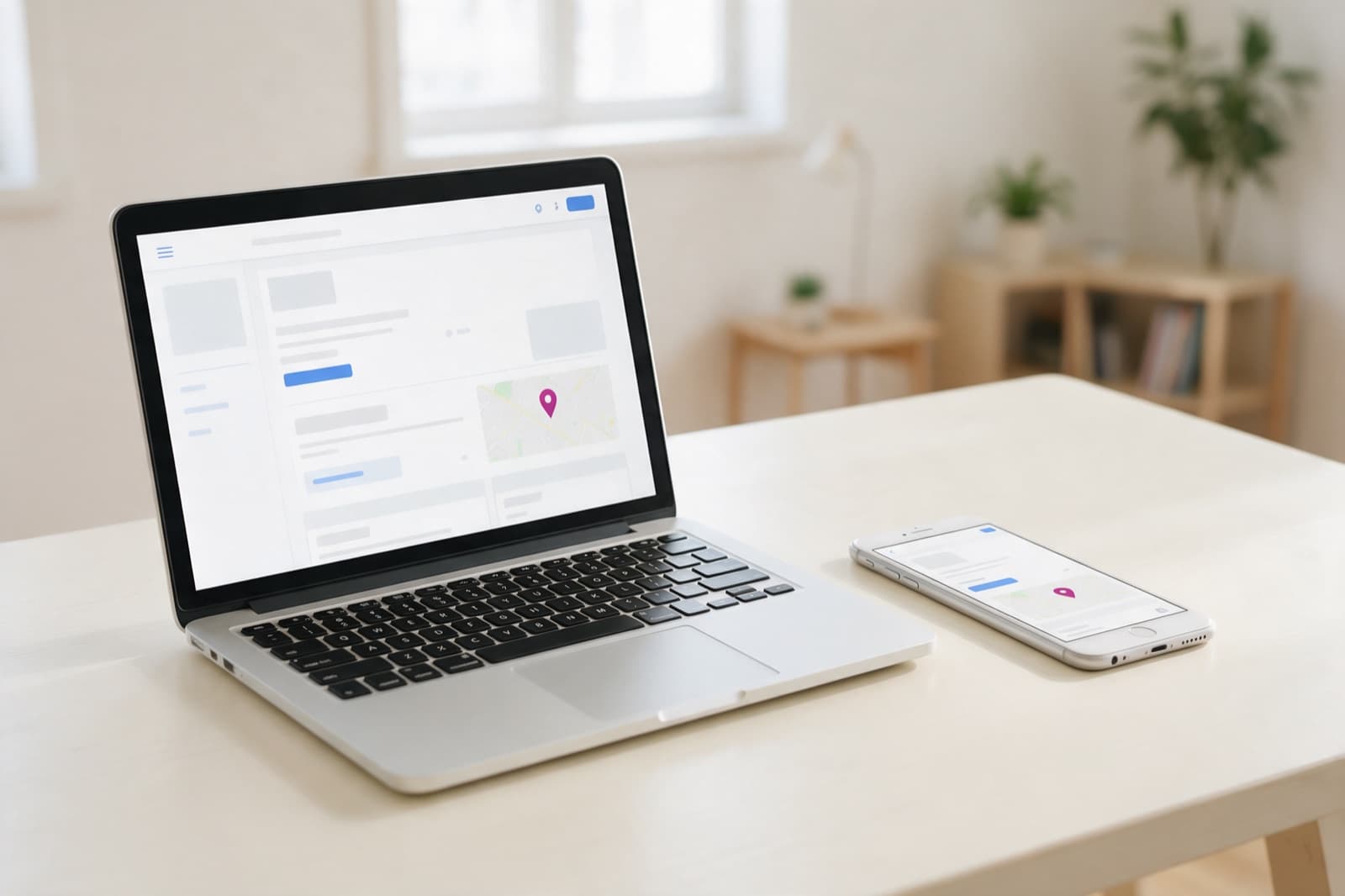 Laptop and phone showing the same business listing with matching map pins