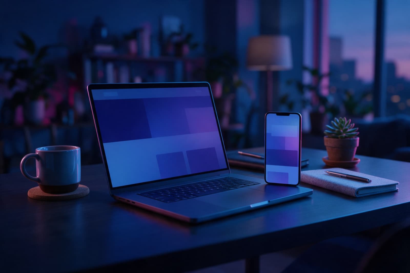 Laptop and phone on a designer's desk at dusk, both showing a modern website design