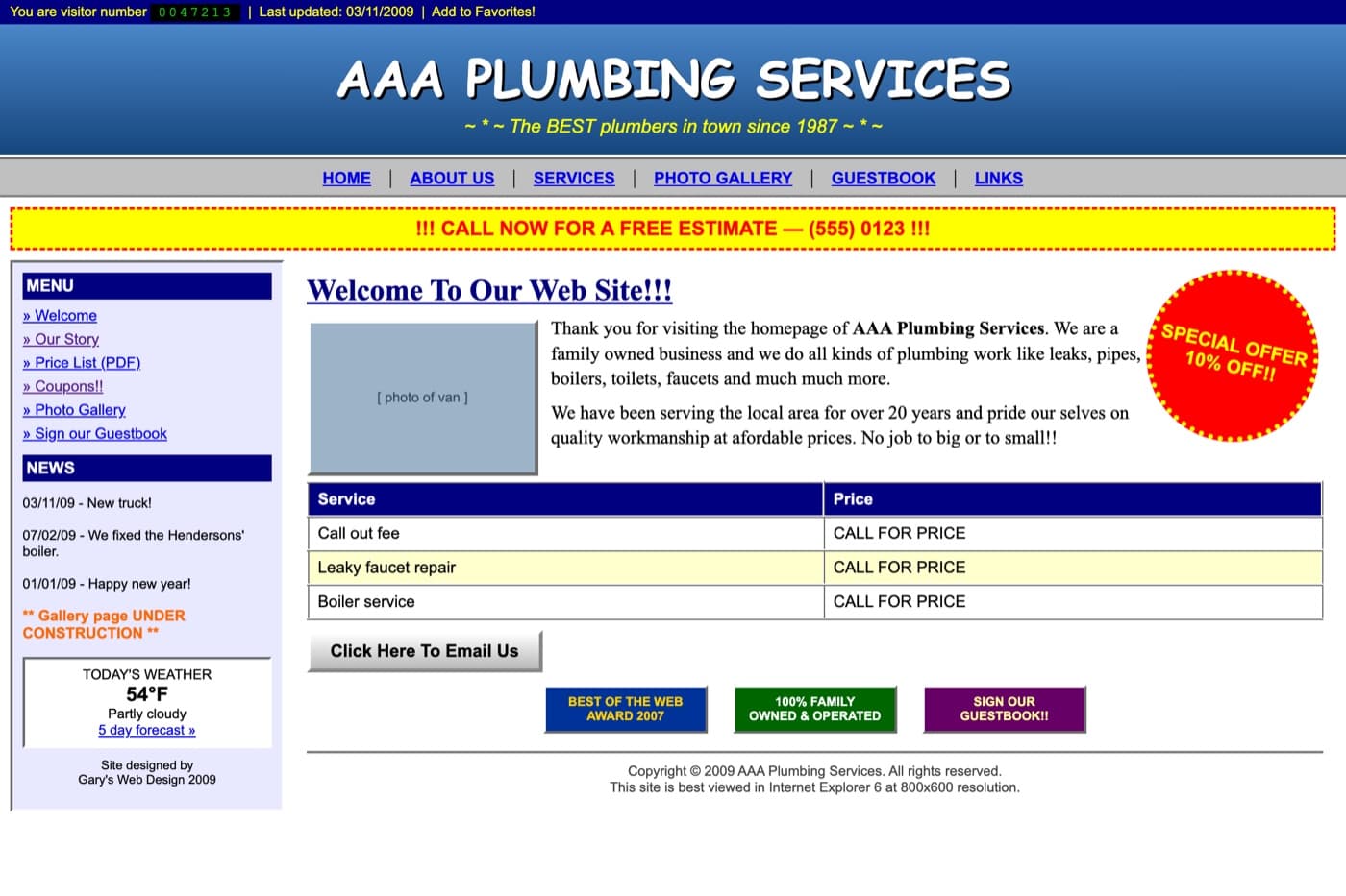 A dated, cluttered 2000s-style plumbing website